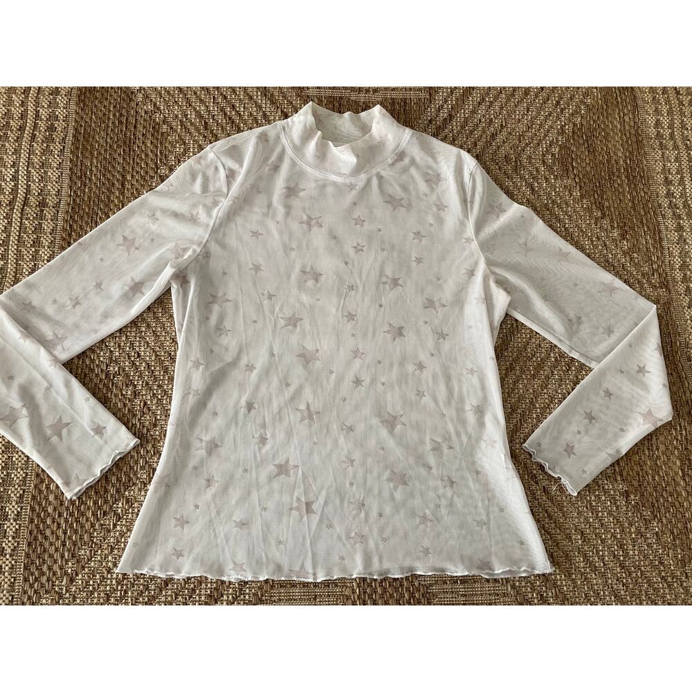 Sheer Mock neck Flocked tonal sheer Stars long sleeve Top